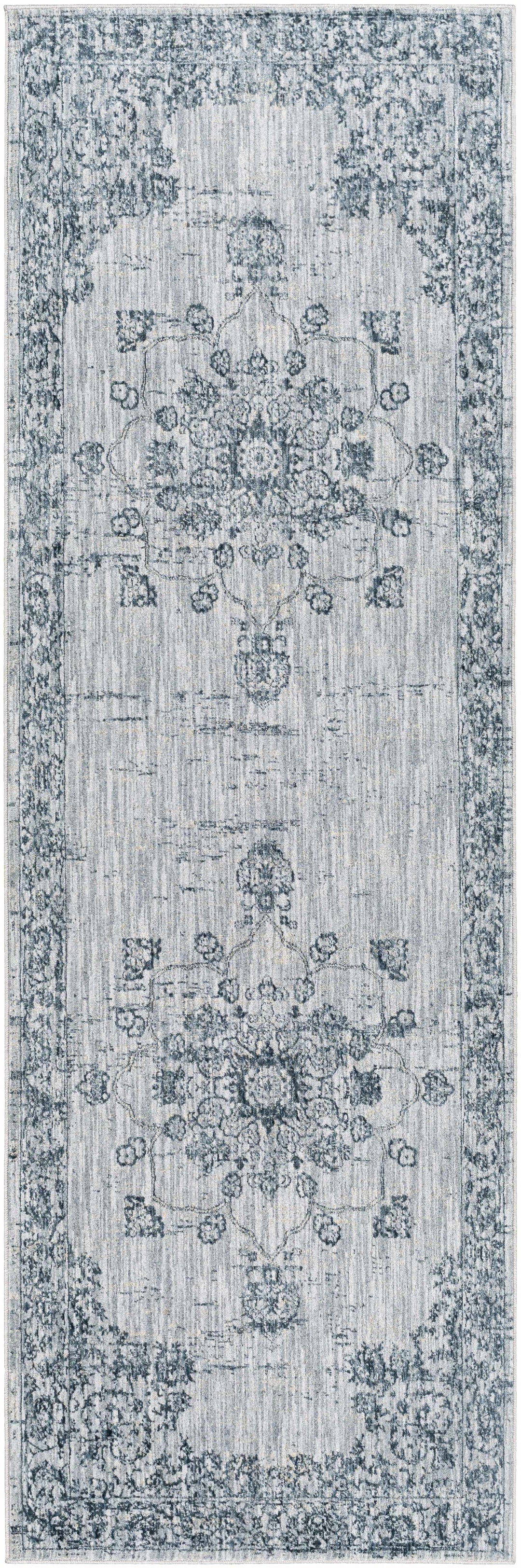 Traditional Medallion Gray And Ivory Machine Woven Rug