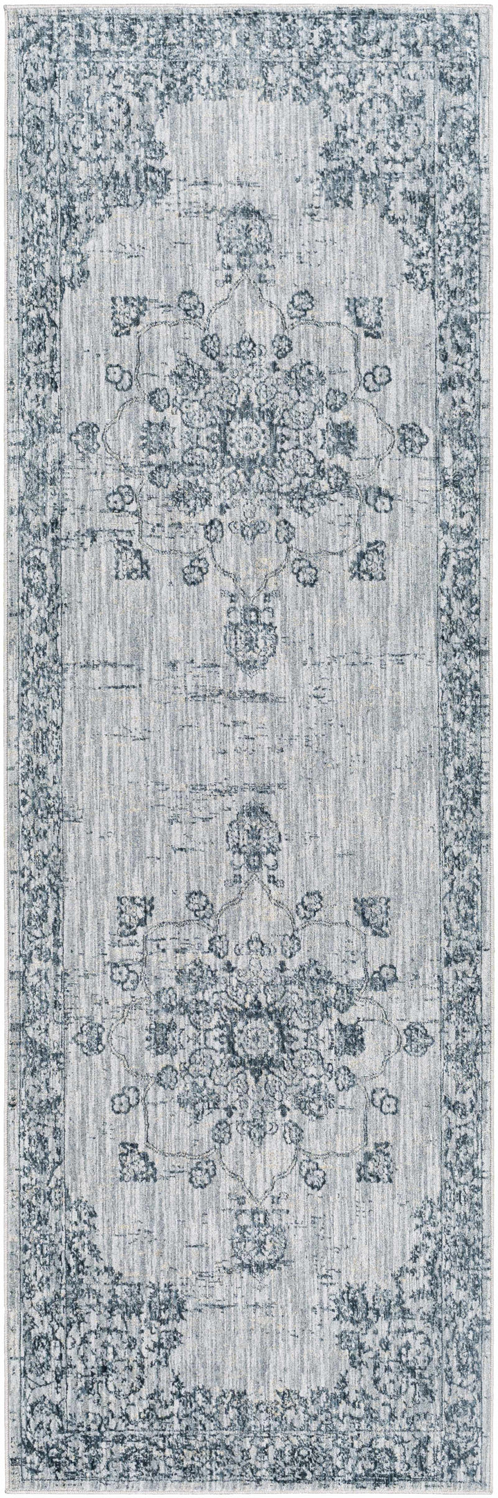 Traditional Medallion Gray And Ivory Machine Woven Rug
