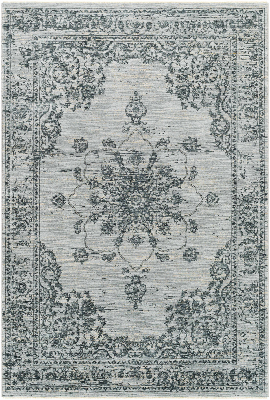 Traditional Medallion Gray And Ivory Machine Woven Rug