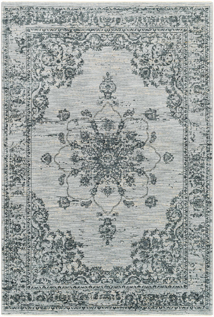 Traditional Medallion Gray And Ivory Machine Woven Rug
