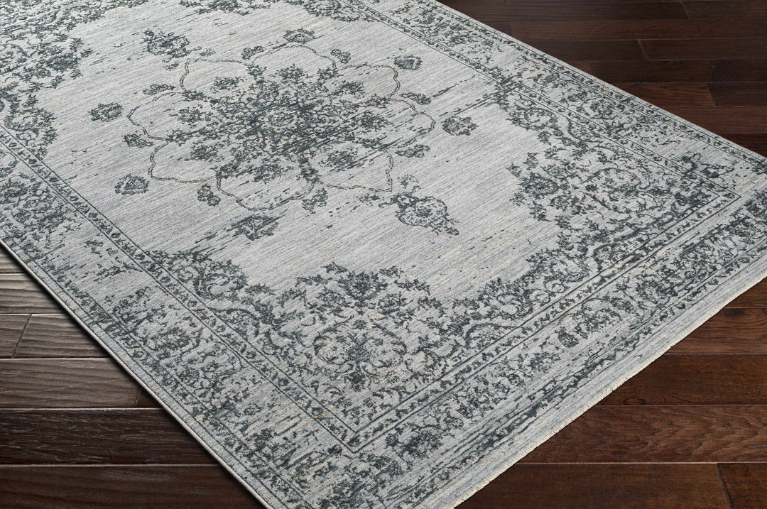 Traditional Medallion Gray And Ivory Machine Woven Rug