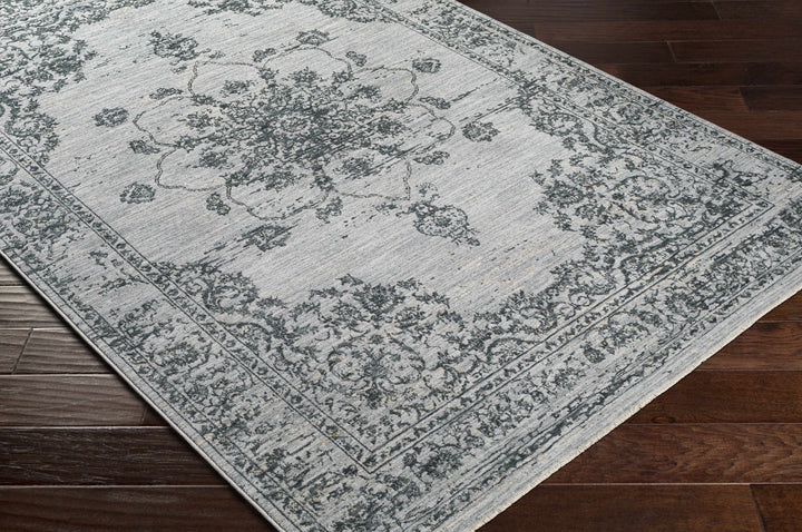Traditional Medallion Gray And Ivory Machine Woven Rug