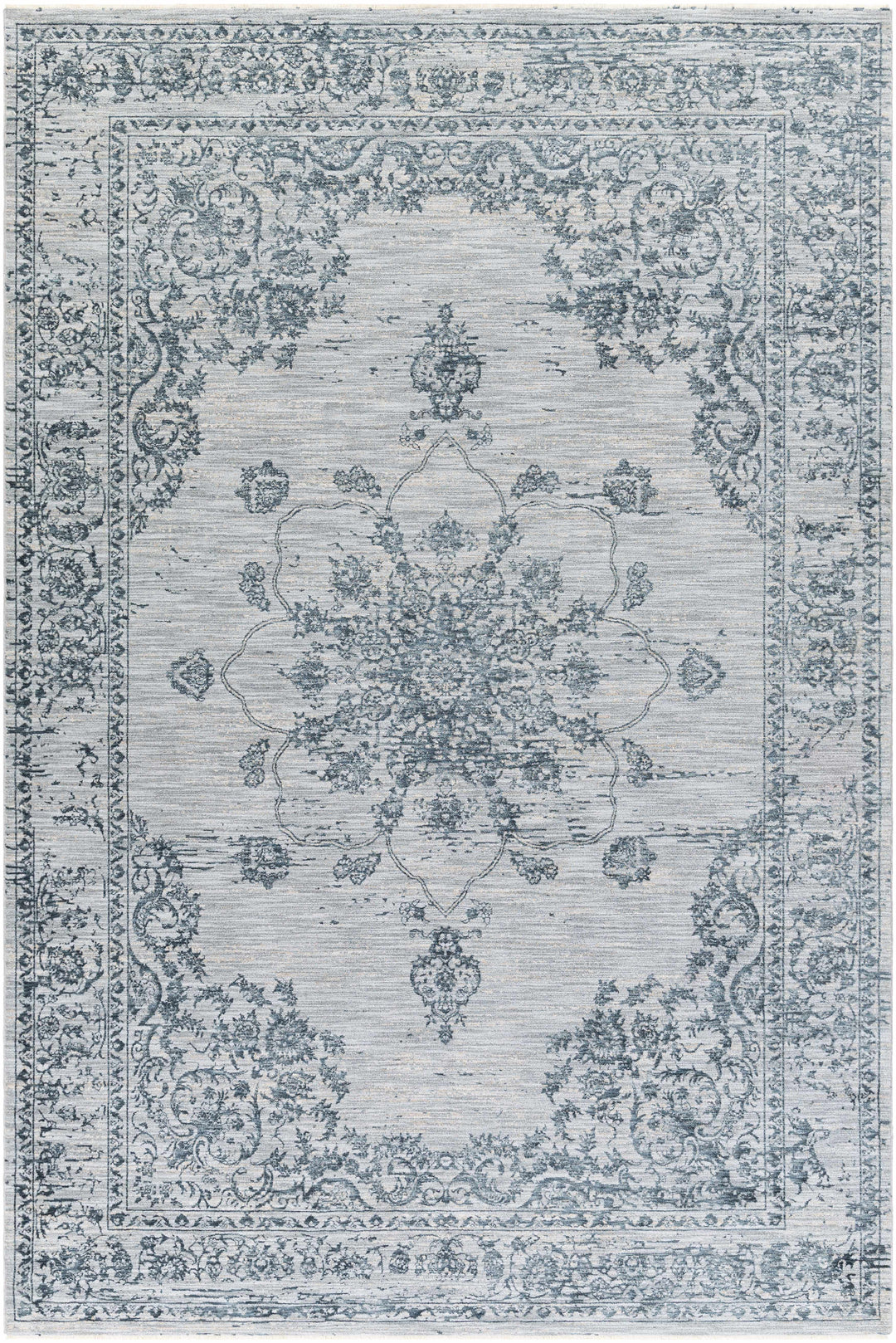 Traditional Medallion Gray And Ivory Machine Woven Rug