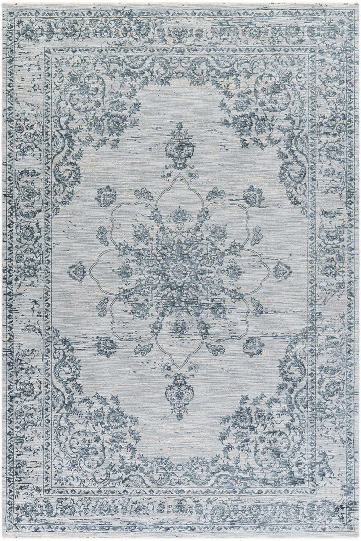Traditional Medallion Gray And Ivory Machine Woven Rug