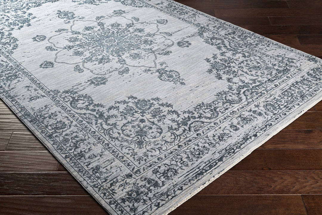 Traditional Medallion Gray And Ivory Machine Woven Rug