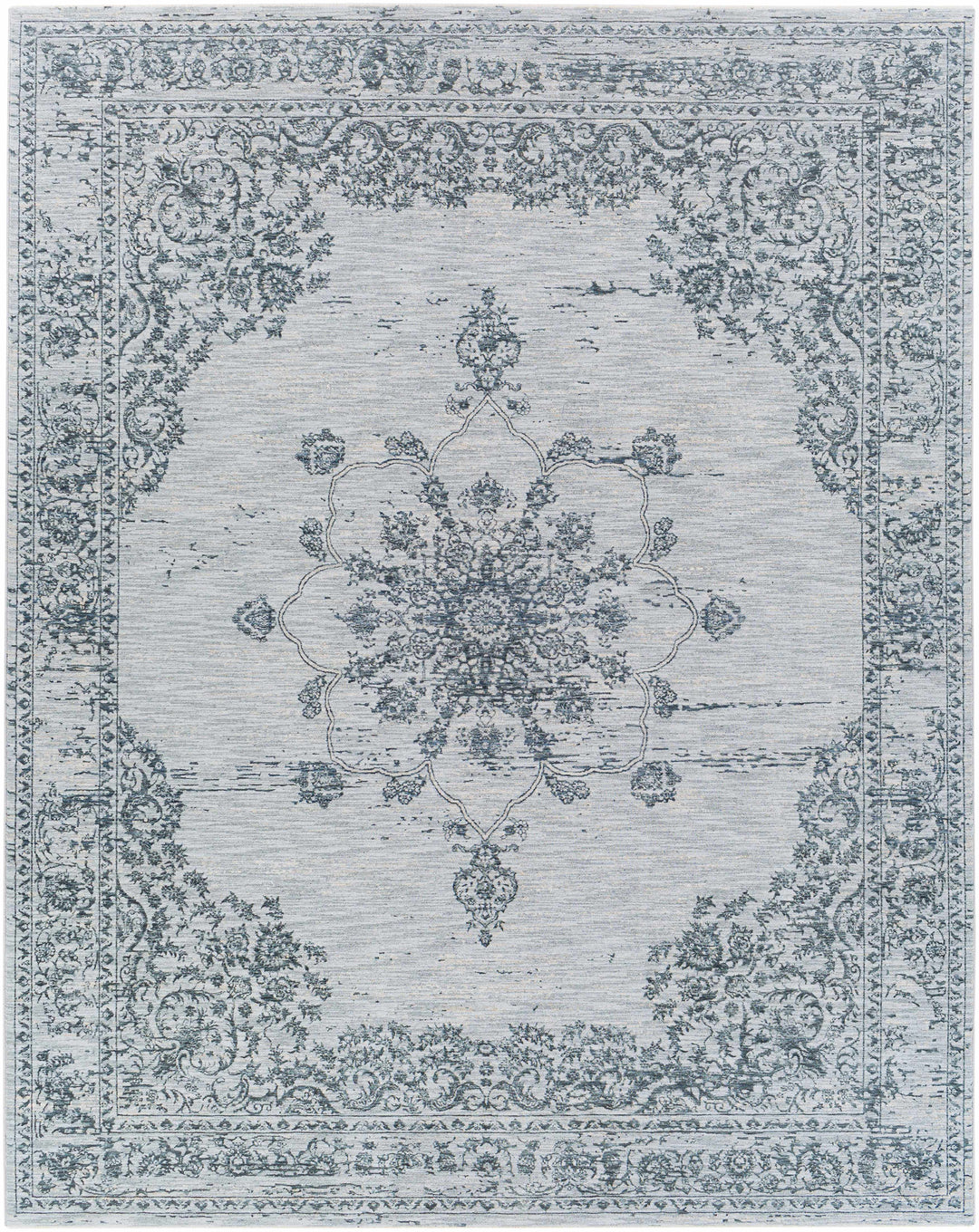 Traditional Medallion Gray And Ivory Machine Woven Rug