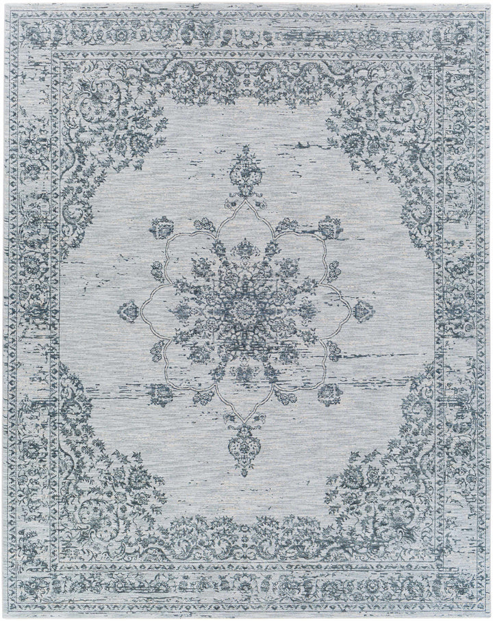 Traditional Medallion Gray And Ivory Machine Woven Rug