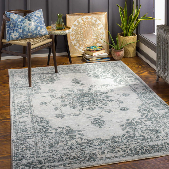 Traditional Medallion Gray And Ivory Machine Woven Rug