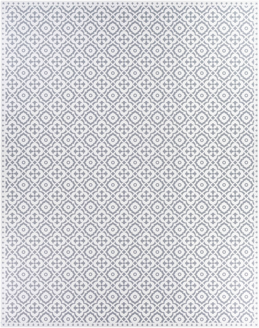 White and light gray modern geometric lattice area rug, rectangular view.