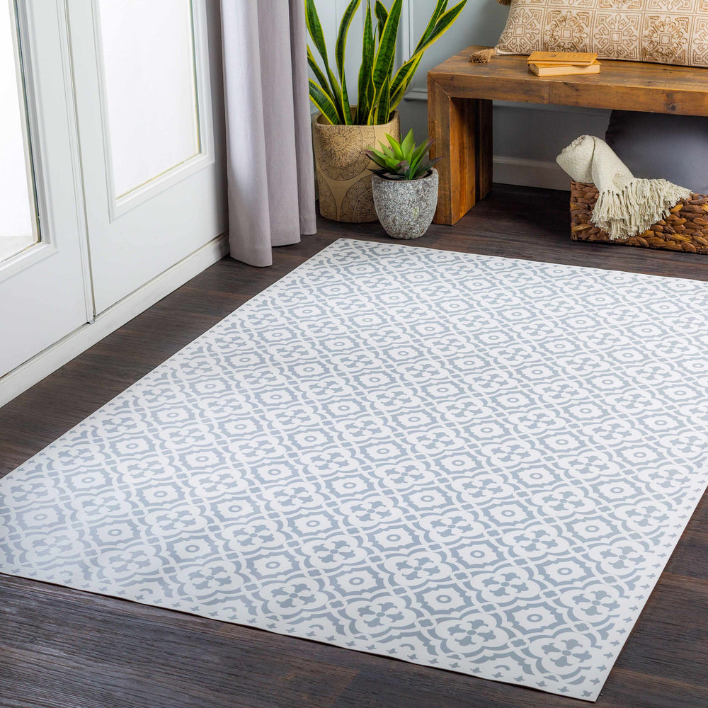 White and light blue geometric patterned area rug on dark wood floor, corner view.