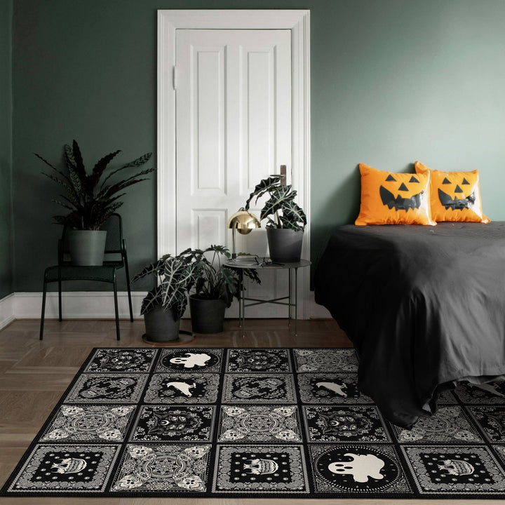 Vienne Halloween Black Machine Washable Cotton Rug