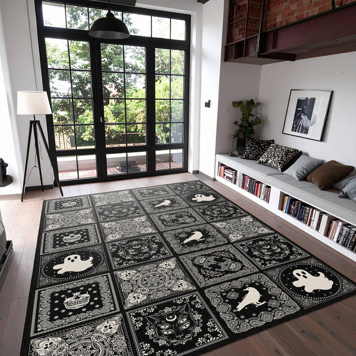Vienne Halloween Black Machine Washable Cotton Rug