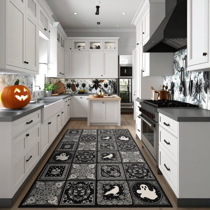 Vienne Halloween Black Machine Washable Cotton Rug
