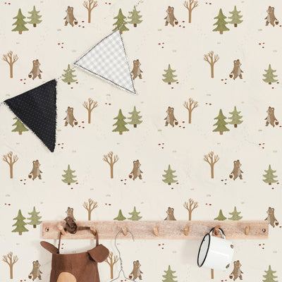 Woodland Wonders, Ivory, Green and Brown Bears and Trees self - adhesive Wallpaper - The Rug Decor