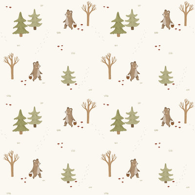 Woodland Wonders, Ivory, Green and Brown Bears and Trees self - adhesive Wallpaper - The Rug Decor