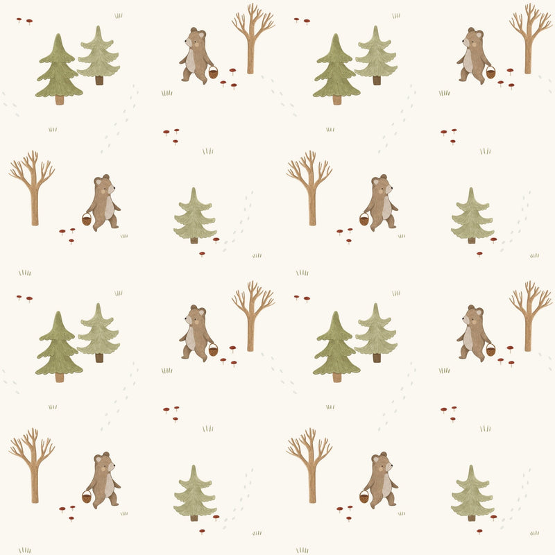 Woodland Wonders, Ivory, Green and Brown Bears and Trees self - adhesive Wallpaper - The Rug Decor