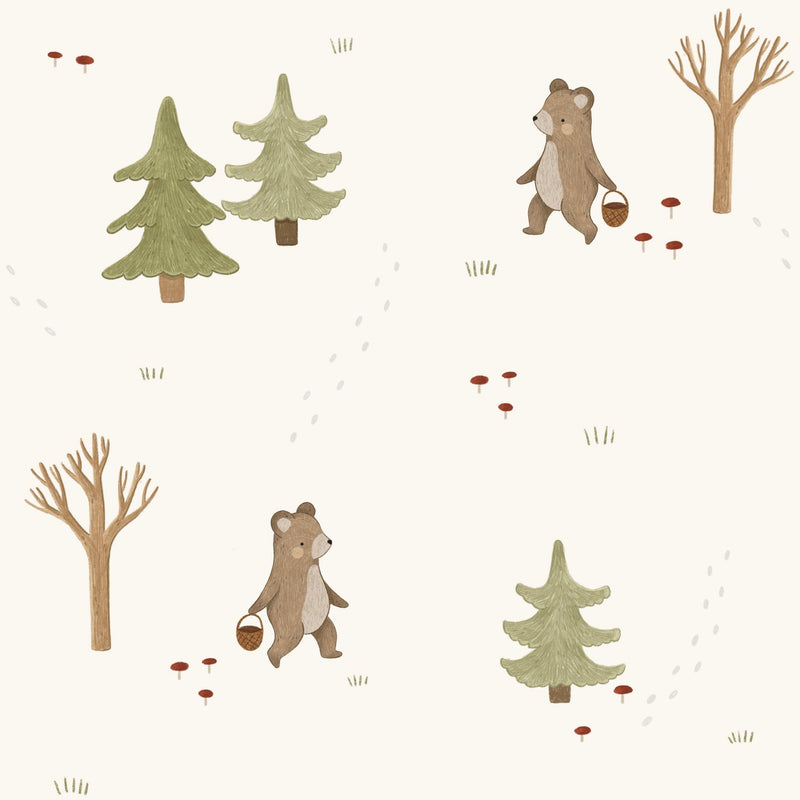 Woodland Wonders, Ivory, Green and Brown Bears and Trees self - adhesive Wallpaper - The Rug Decor