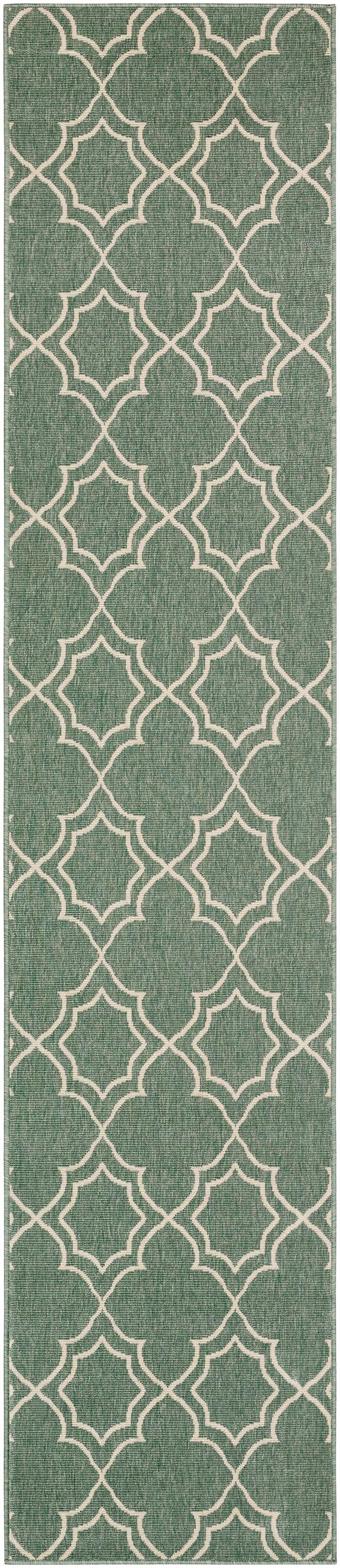Narrow green area rug with beige trellis quatrefoil pattern and flat woven texture