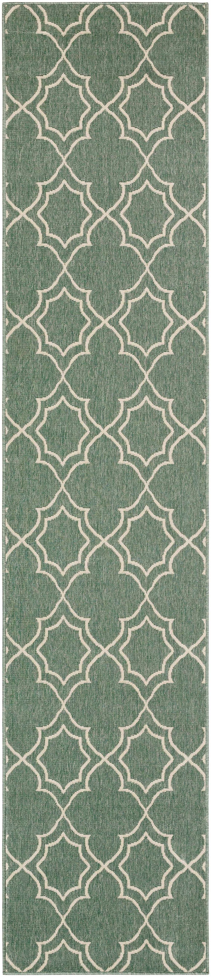 Narrow green area rug with beige trellis quatrefoil pattern and flat woven texture