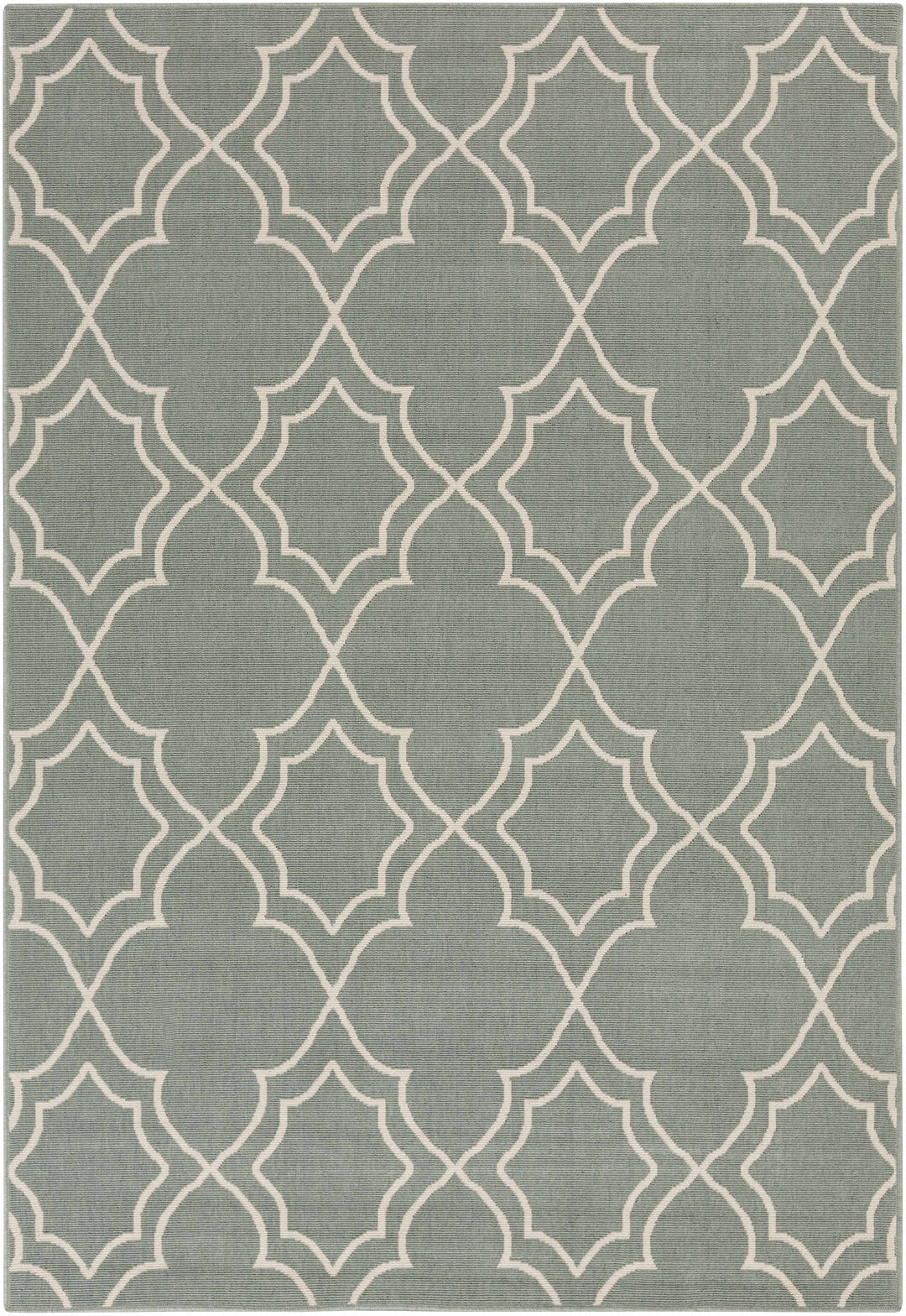 Green area rug with repeating beige trellis quatrefoil geometric pattern