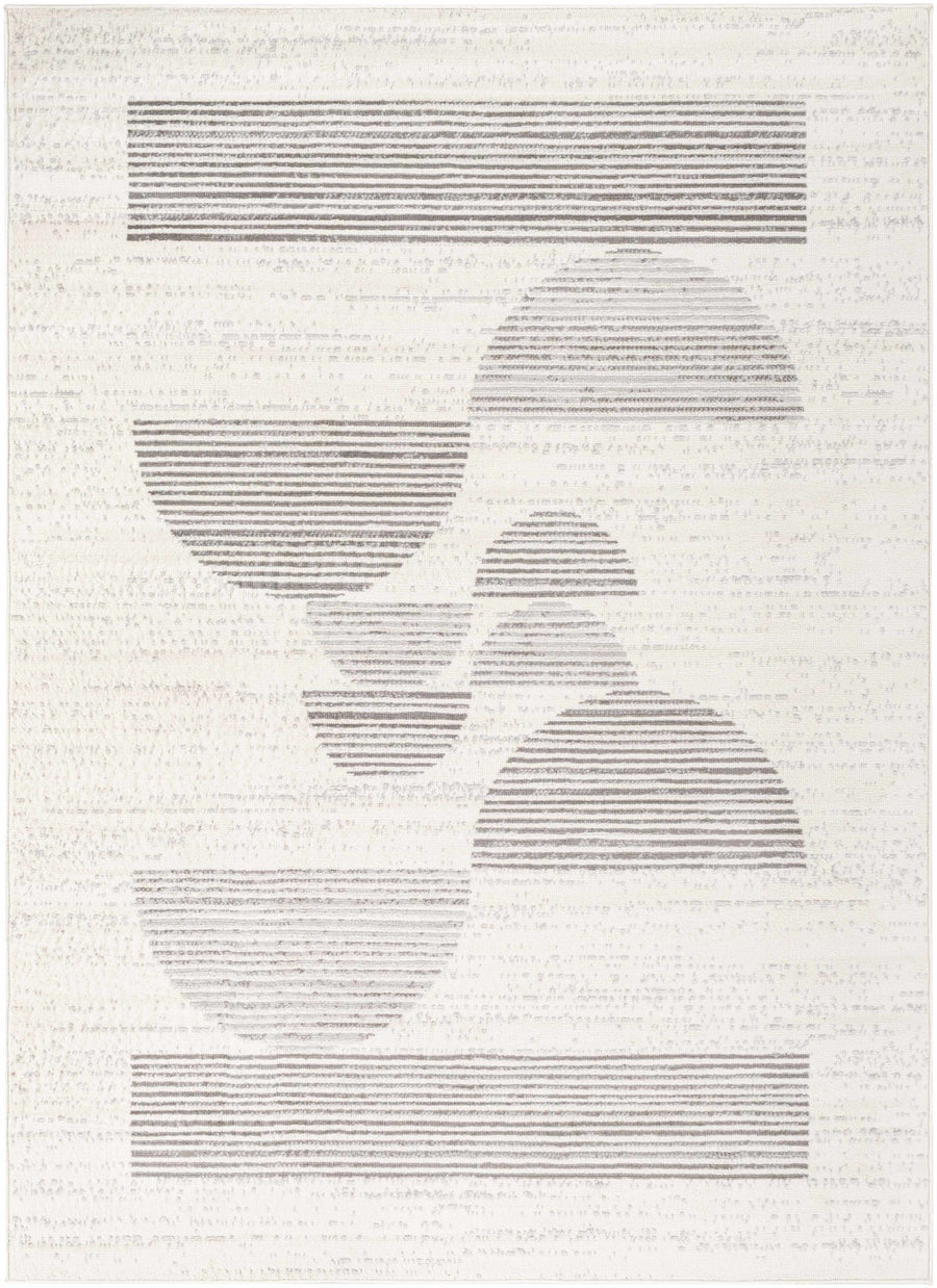 Ivory and gray modern area rug with abstract rounded triangle pattern