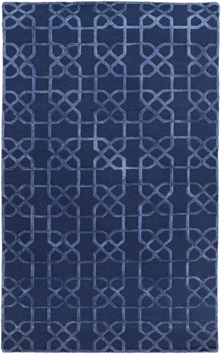 Blue hand-knotted wool carpet with geometric lattice pattern, rectangular.