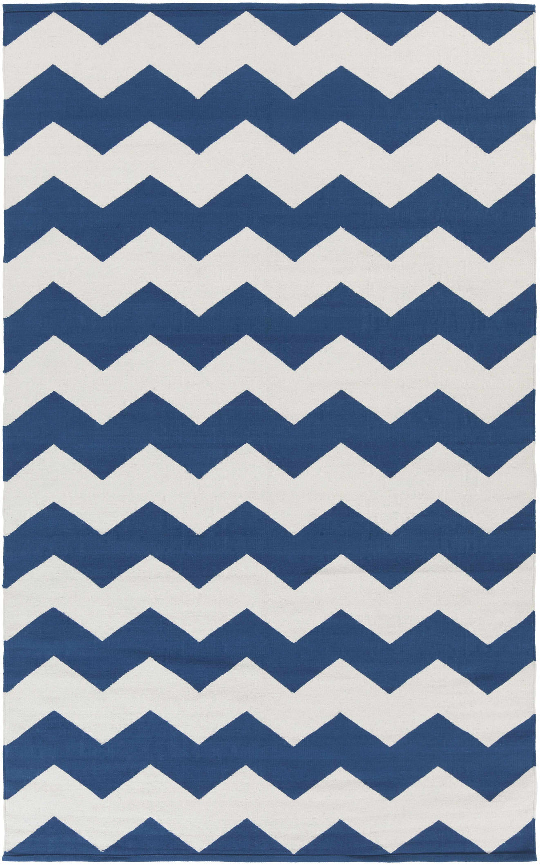 Hand-woven chevron area rug, blue and white zigzag pattern with flat border