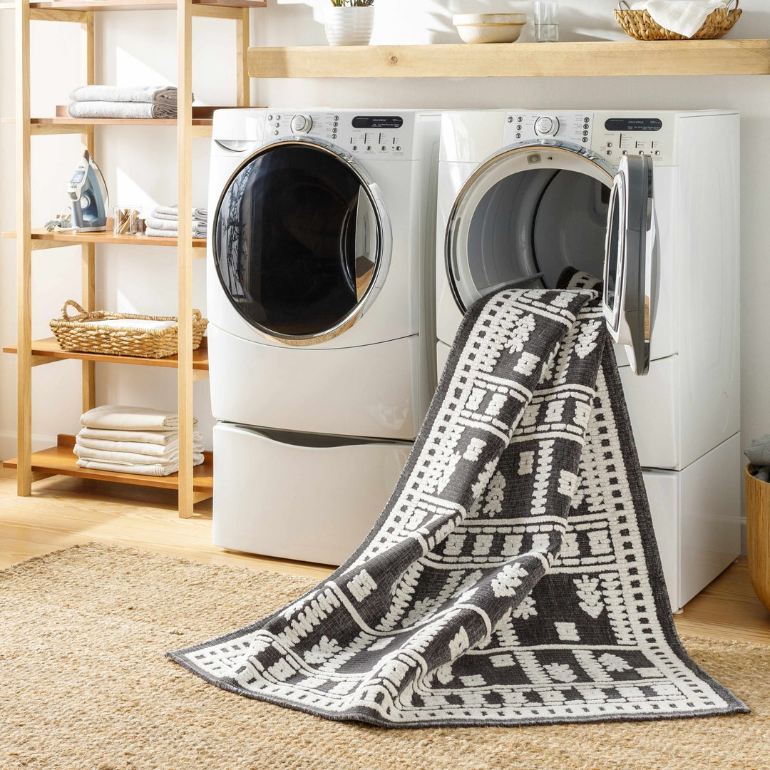 Yama Modern Tribal Design Charcoal And Ivory Washable Rug - The Rug Decor