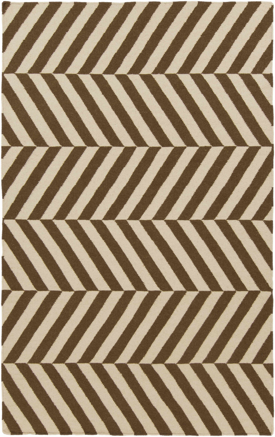Geometrical striped area rug in brown and beige with bold chevron pattern.