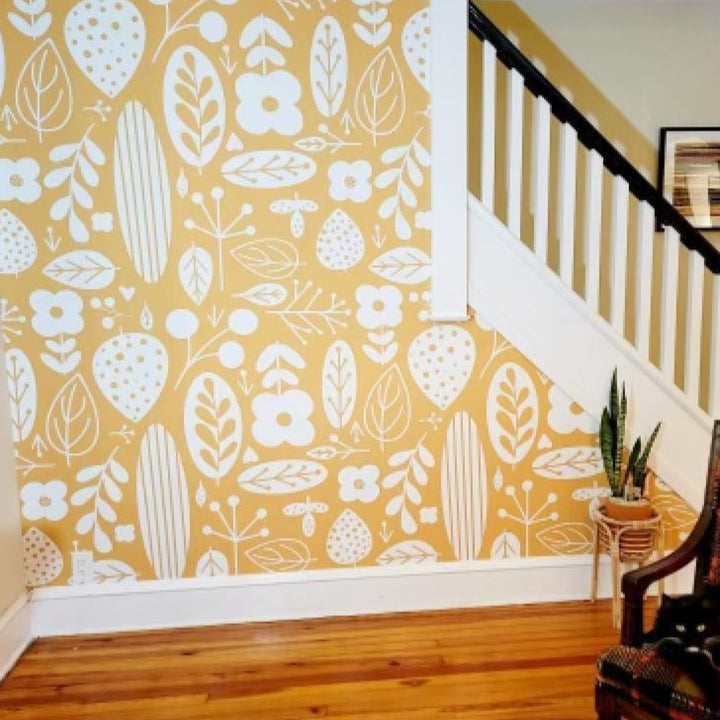 Yellow And Teal Botanical Pattern Self - Adhesive Wallpaper - The Rug Decor