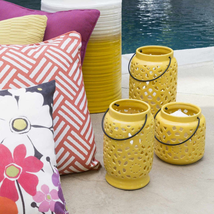 Yellow cylindrical Outdoor safe Ceramic Lantern, Perfect for home decor - The Rug Decor