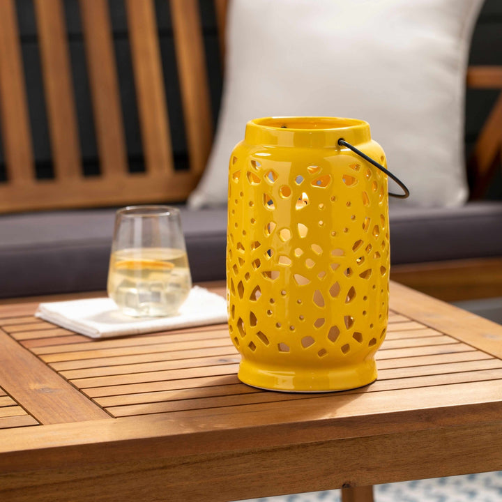 Yellow cylindrical Outdoor safe Ceramic Lantern, Perfect for home decor - The Rug Decor