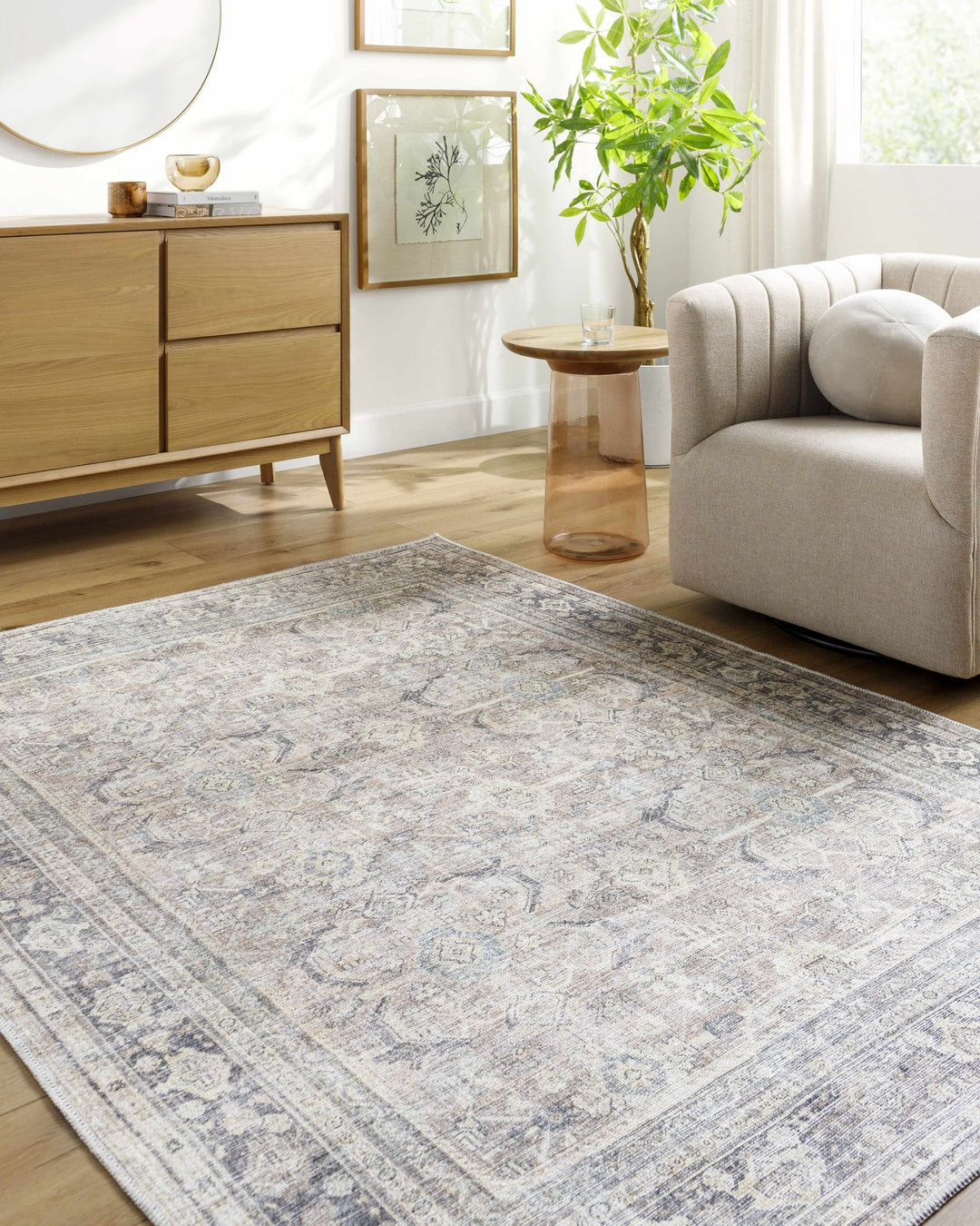 Zahar Traditional Beige And Charcoal Washable Area Rug - The Rug Decor