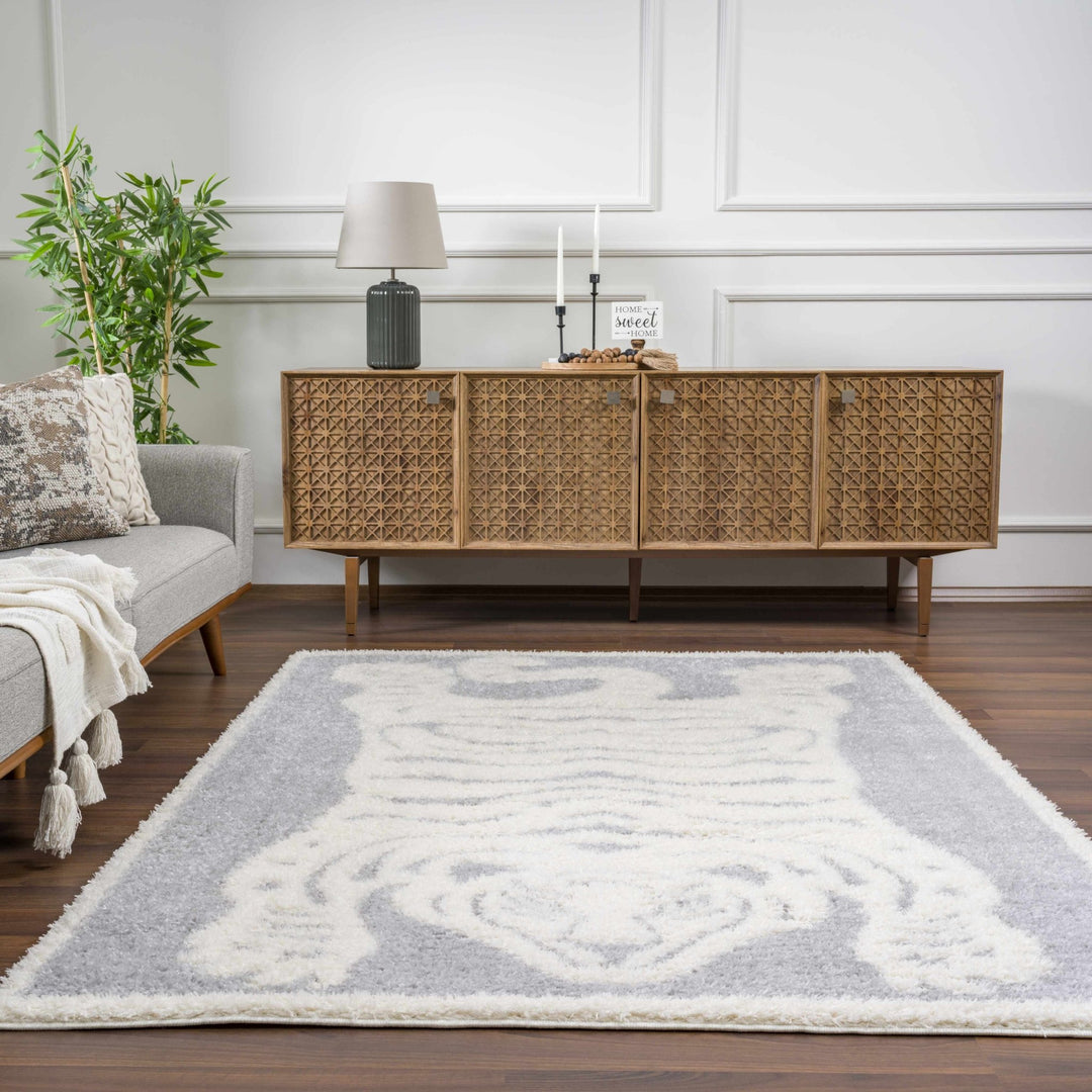 Zane Silver And Ivory Tibetan Animal Tiger Area Rug - The Rug Decor