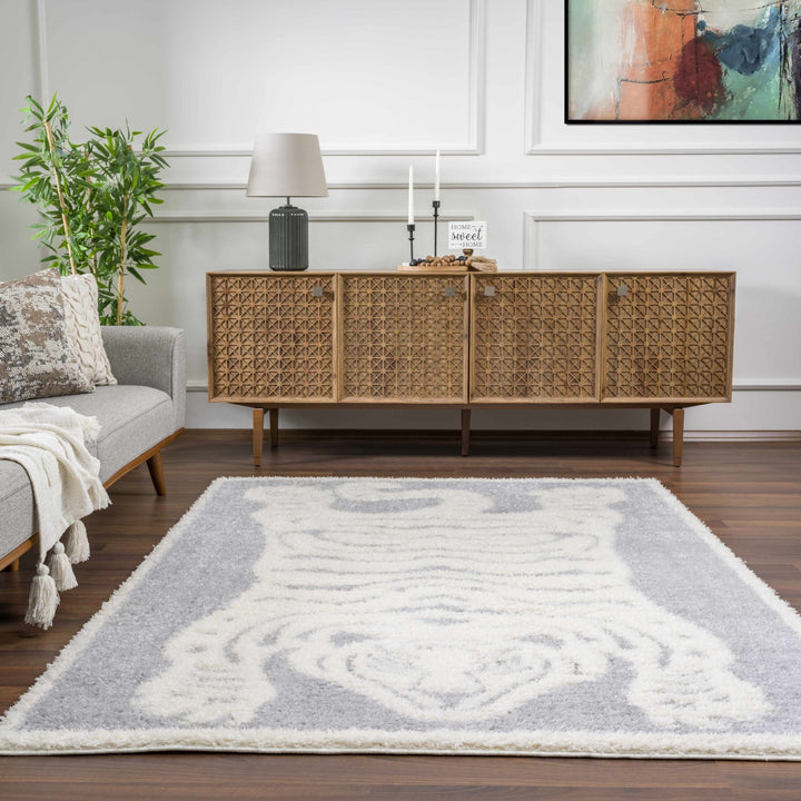 Zane Silver And Ivory Tibetan Animal Tiger Area Rug - The Rug Decor