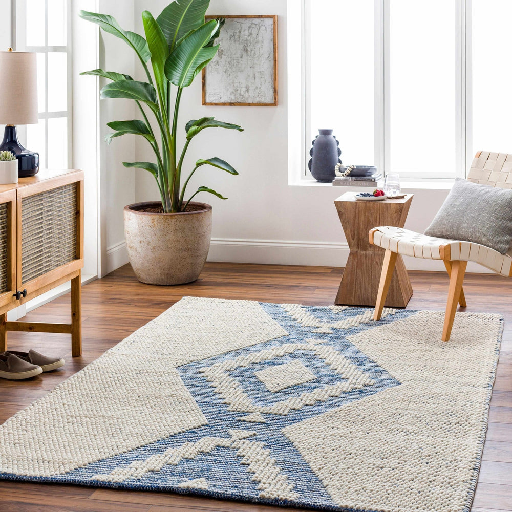 Ziya Modern Geometric Design Beige And Blue Hand Woven Wool Area Rug - The Rug Decor