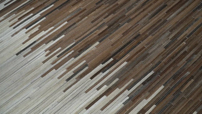 Modern Stripes Cowhide Leather Striped Tan Brown and Ivory Leather Multi Size Area Rug