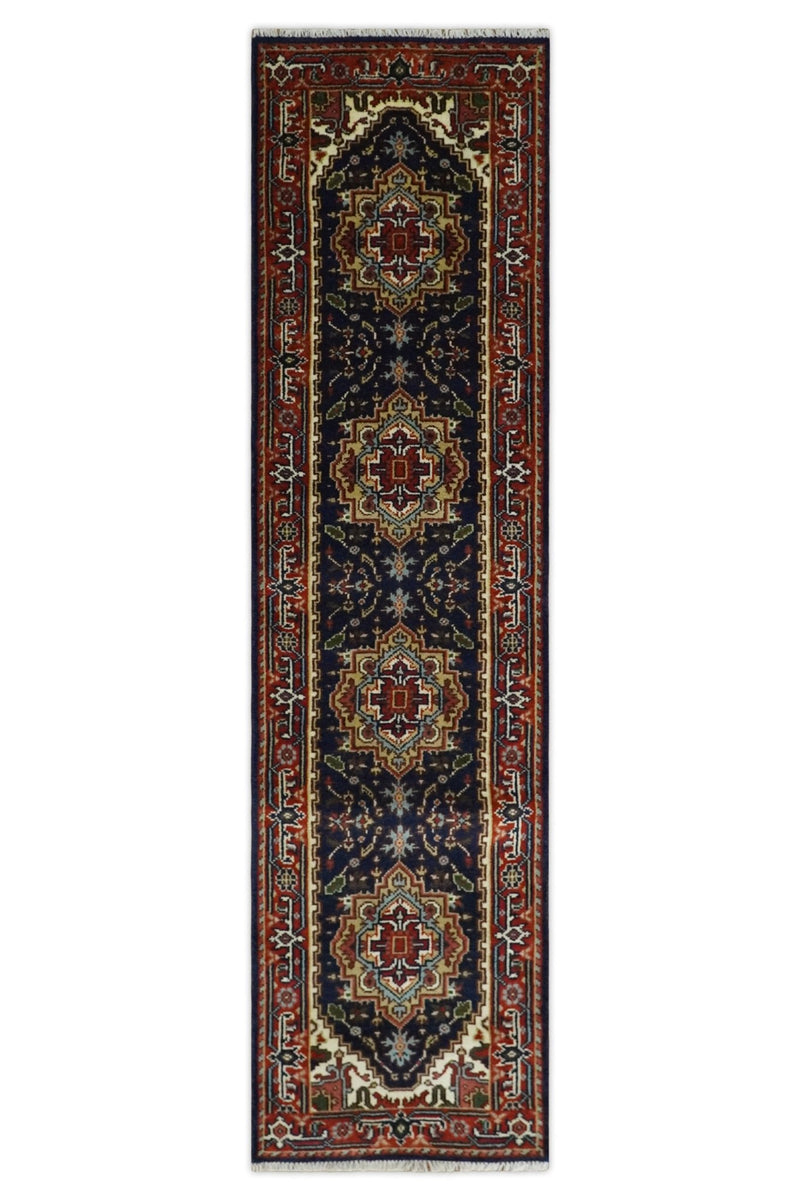 10 feet runner Hand knotted Mustard, Blue and Brown Traditional wool area rug - The Rug Decor