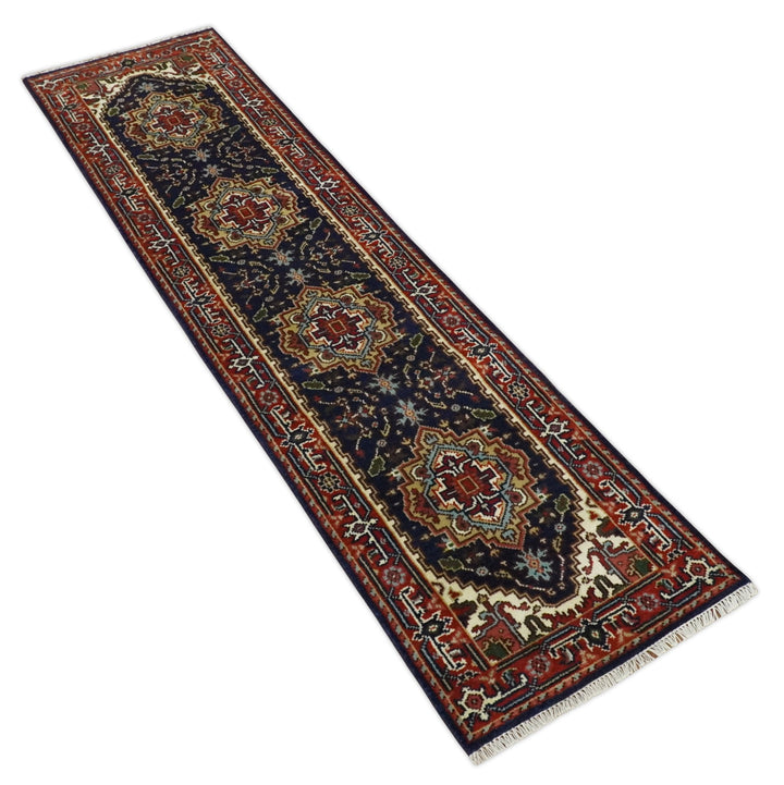 10 feet runner Hand knotted Mustard, Blue and Brown Traditional wool area rug - The Rug Decor