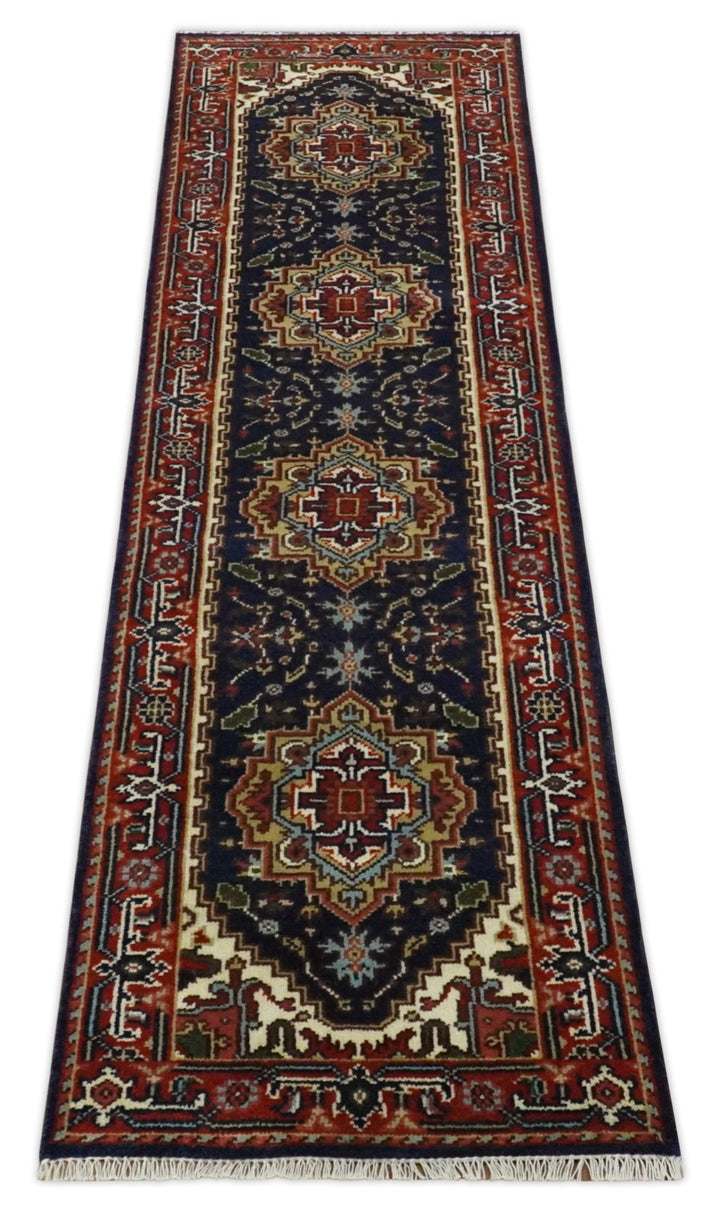 10 feet runner Hand knotted Mustard, Blue and Brown Traditional wool area rug - The Rug Decor