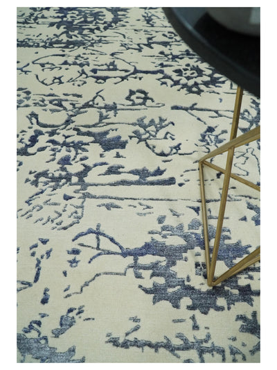 8x10 Hand knotted Ivory and Blue Traditional Abstract Persian Wool and Bamboo Silk Area Rug | TRDCP489810