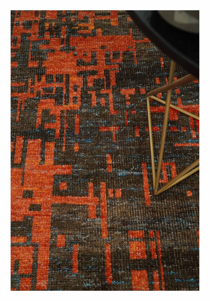 Hand Knotted 4x6 Rust and Charcoal Modern Abstract Contemporary Recycled Silk Area Rug | OP62