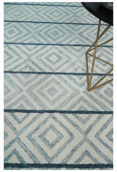 Multi Size Hand Tufted Ivory, Gray and Blue Geometrical Shape Style Rug