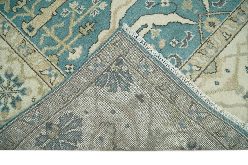 8x10 Blue and Beige Hand Knotted Antique Turkish Oushak Large Wool Area Rug | TRDCP255810