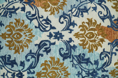 Hand Tufted Blue and Gold Modern Damask traditional Wool Area Rug