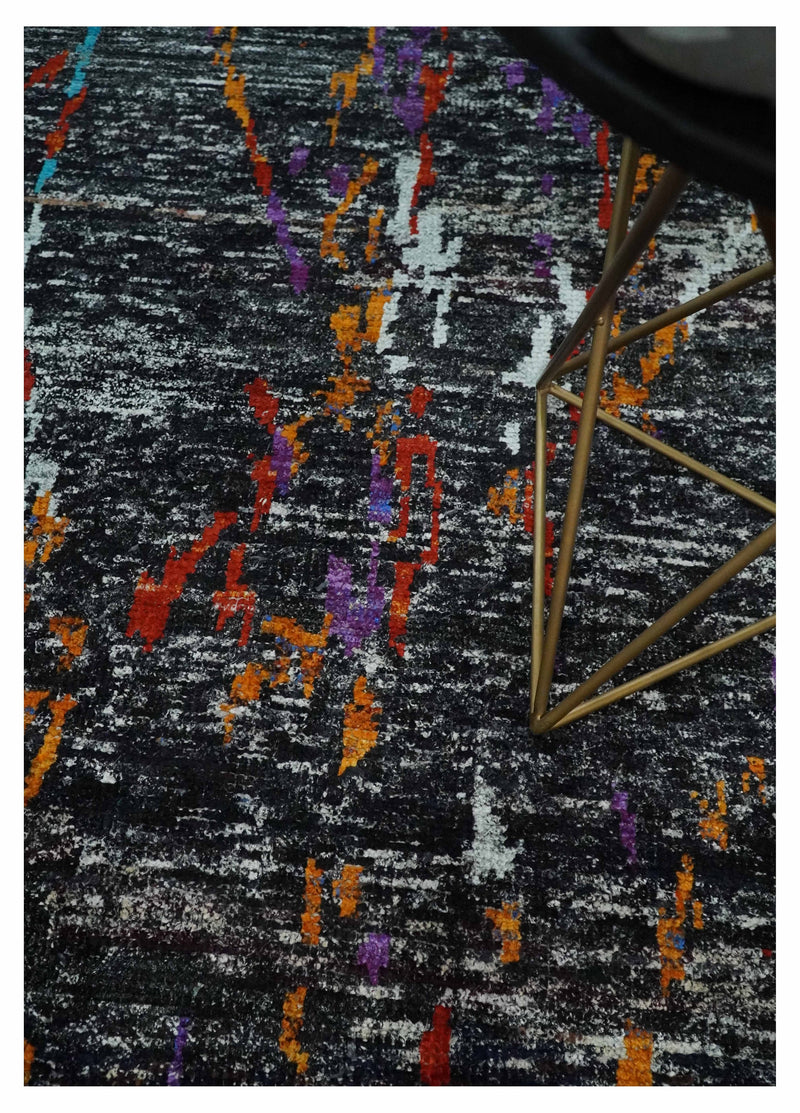 5x8 Hand Knotted Black, Ivory and Rust Modern Abstract Contemporary Recycled Silk Area Rug | OP132