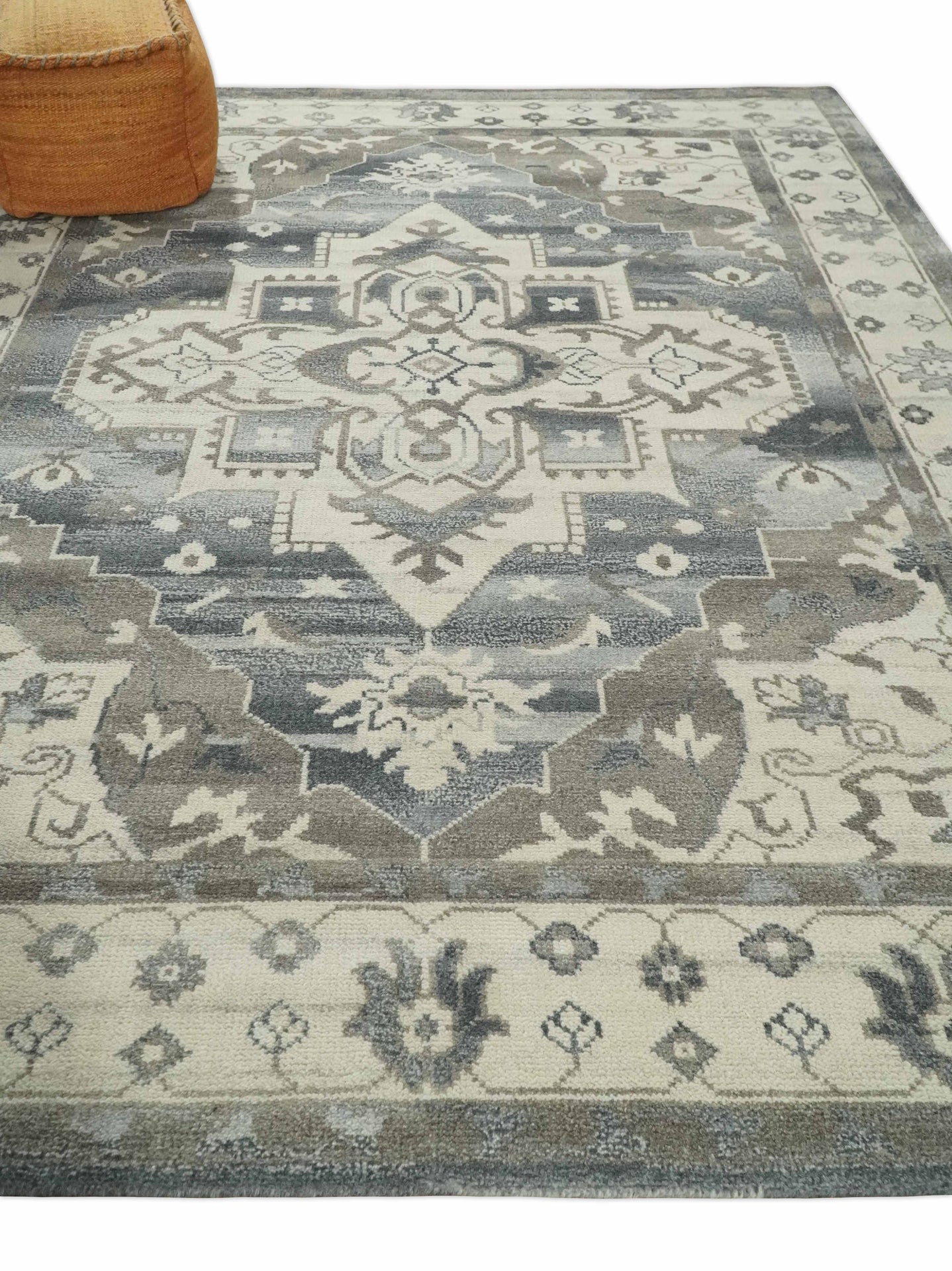 Custom Made Hand Knotted Ivory, Charcoal and Gray Traditional Medallion Natural Wool Area Rug, Kids, Living Room and Bedroom Rug