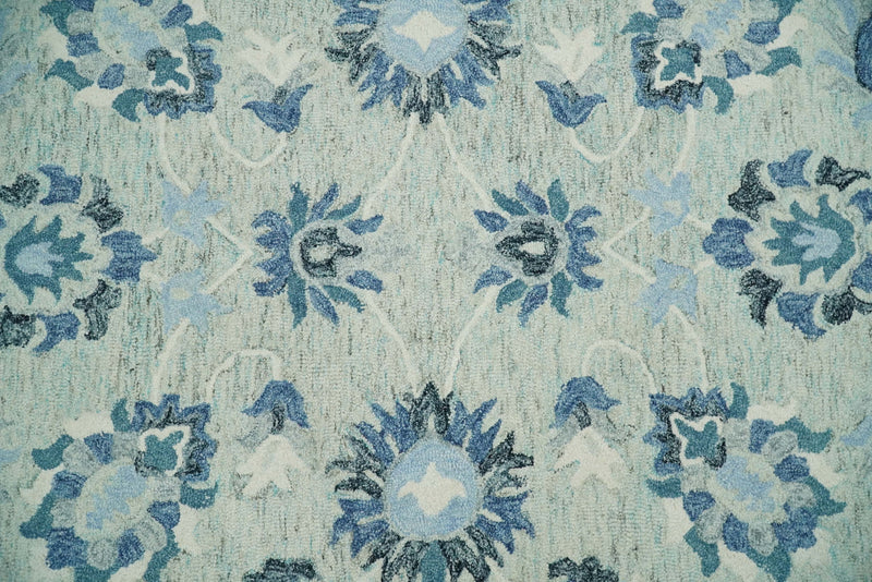 Hand Tufted Ivory and Blue Traditional Multi Size Oriental Wool Area Rug
