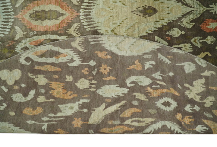 10x10 Round Fine Hand Knotted Brown and Beige Traditional Vintage Persian Style Antique Wool Rug | AGR47 - The Rug Decor
