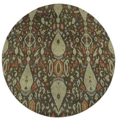 10x10 Round Fine Hand Knotted Brown and Beige Traditional Vintage Persian Style Antique Wool Rug | AGR47 - The Rug Decor